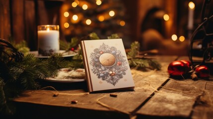 Christmas Greetings Book on Festive Background with Twinkling Lights