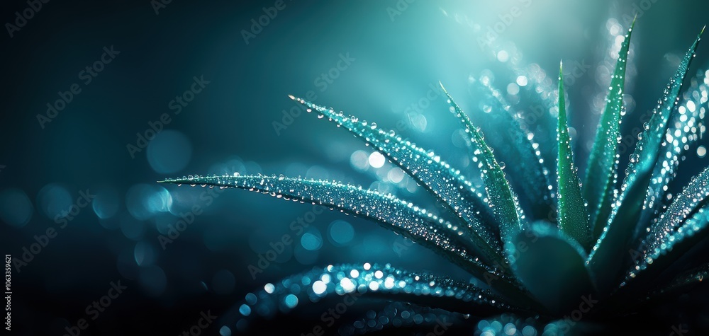 Poster a close-up view of a succulent plant with dew droplets glistening in soft turquoise light, creating 