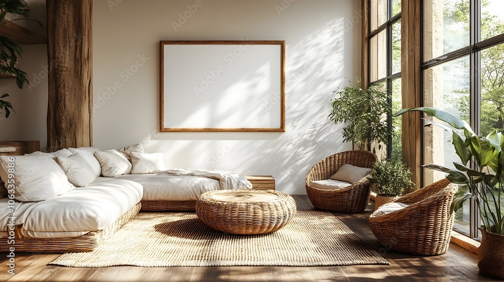 Poster floating acrylic frame mockup placed in a minimalist,natural-inspired home office setting. the frame