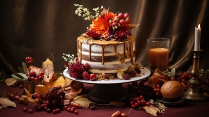 Rustic Autumn Themed Cake with Floral Decorations on Elegant Display