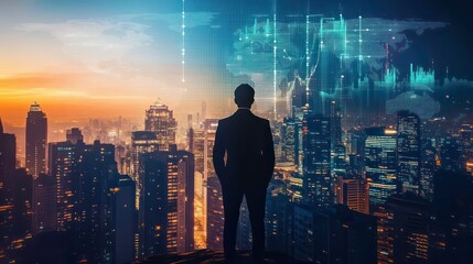 A silhouette of a businessman overlooking a futuristic cityscape with data visualizations.