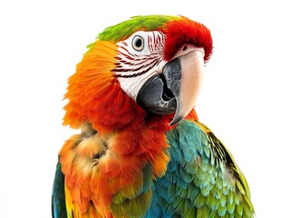 Fototapeta premium Close-up portrait of a vibrant Scarlet Macaw with colorful feathers against a white background.
