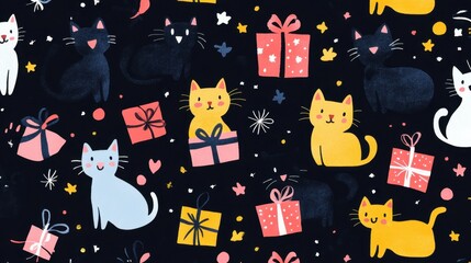 Colorful Cats and Gifts Pattern on Dark Background
