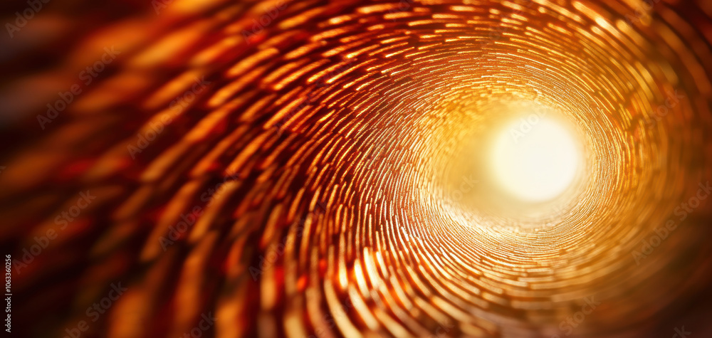 Poster A dynamic perspective view looking down a textured tunnel, illuminated by a bright light at the end, showcasing intricate patterns and warm colors.