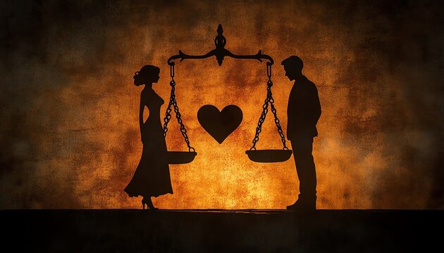 Illustration of a married couple on opposite sides of judicial scales, a heart balancing the scales, visualizing the emotional turmoil of divorce, dramatic shadowing