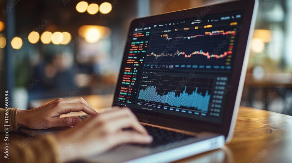 Poster a person focused on stock market data displayed on their laptop screen while seated at a warm, invit