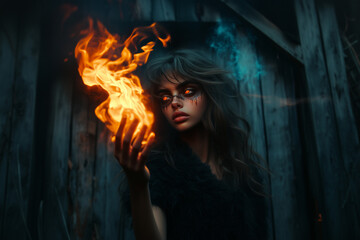 Fototapeta premium A beautiful girl mage, fire spellcaster on burning wooden house background.