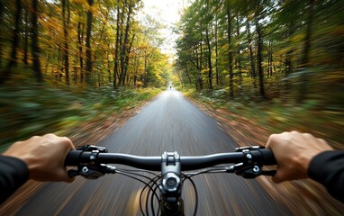 Intense firstperson perspective of a cyclist riding fast through a wooded area, hands on handlebars, capturing the rush of the ride, rich green surroundings