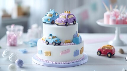Colorful Car-Themed Birthday Cake with Playful Decorations