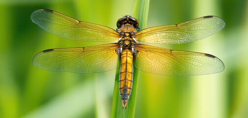 A stunning dragonfly perched delicately on a green stem, showcasing its intricate wings and vibrant colors against a soft blurred background of lush vegetation.