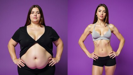 A comparison of an obese females silhouette to a lean athletic figure in different clothing styles pantsbra vs