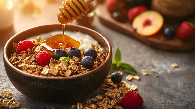 Healthy Breakfast Bowl with Honey Drizzled Granola and Fresh Fruits