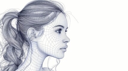 Fototapeta premium Wireframe portrait of a young beautiful girl. Ponytail hairstyle. 3d illustration