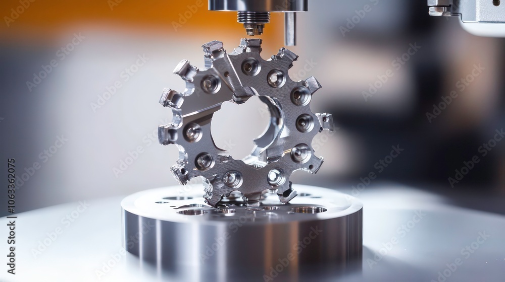 Poster a metallic gear-like component positioned on a machining tool for precision engineering.