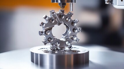 Fototapeta premium A metallic gear-like component positioned on a machining tool for precision engineering.