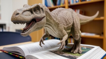 Naklejka premium Detailed dinosaur figurine positioned on an open book in a library.