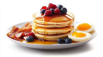 Pancakes with Bacon Eggs Raspberries and Blueberries