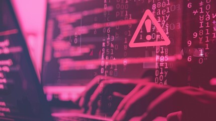 Cyber Security Warning: Hands Typing with a Red Warning Sign