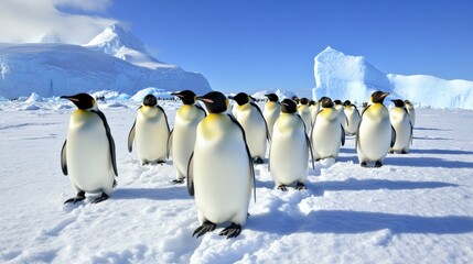 Obraz premium Emperor Penguins Huddle Together on Snowy Landscape in Antarctica, with Icebergs and Mountains in the Background