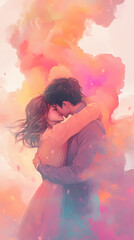 Romantic Anime Hug: Kawaii Couple with Cozy Lofi Vibes