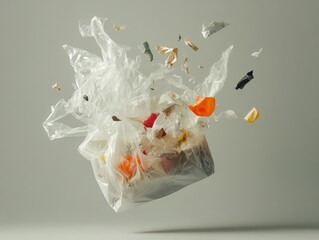 Plastic bag bursting open, revealing assorted items in mid-air flight, captured against a plain background.