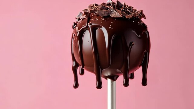 Chocolate dripping on cake pop on pink background