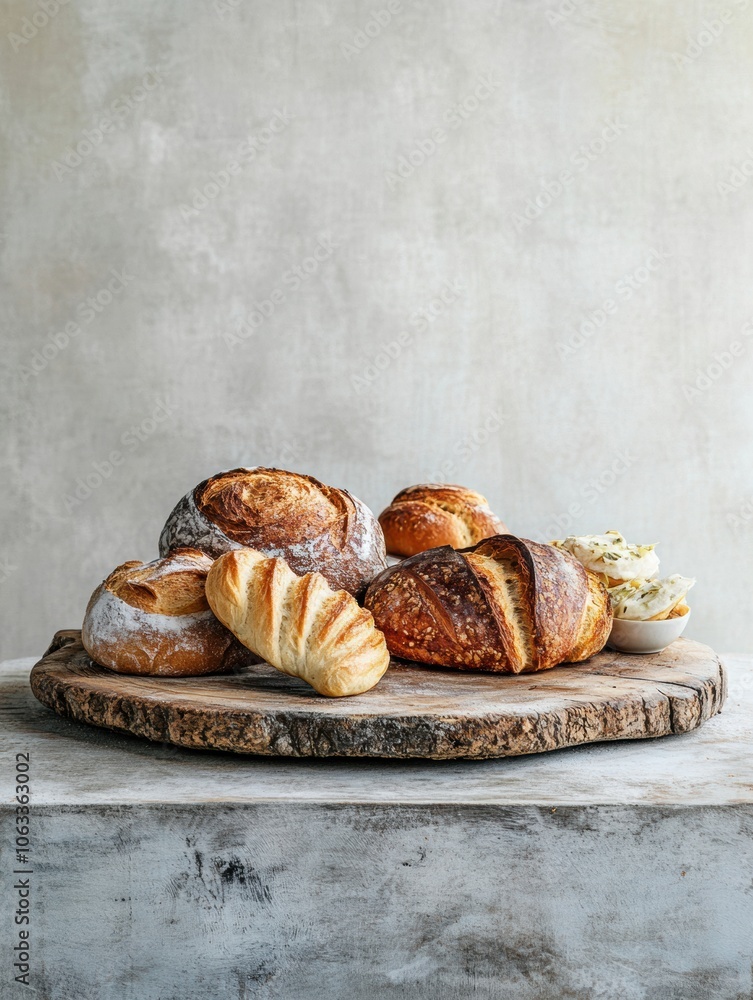 Poster an assortment of freshly baked bread and pastries is arranged on a rustic wooden board, inviting wit