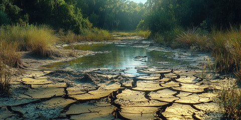 Naklejka premium Severely dry wetland swamp and pond leading to cracked soil crust due to drought depicting the impacts of climate change and environmental disaster on the earth s surface posing a threat
