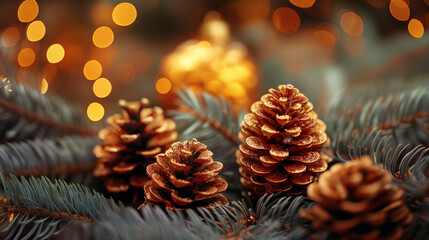 Christmas bokeh background with tree, golden pine cone, gold baubles, a festive but serene mood, for a Christmas card	
