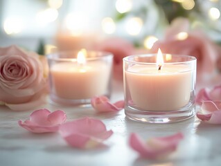 Rose Scented Candles with Pink Petals and Soft Lighting, Creating a Romantic and Relaxing Atmosphere