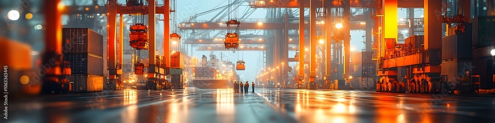 Poster Illuminated container port at night with towering cranes and stacks of cargo containers.