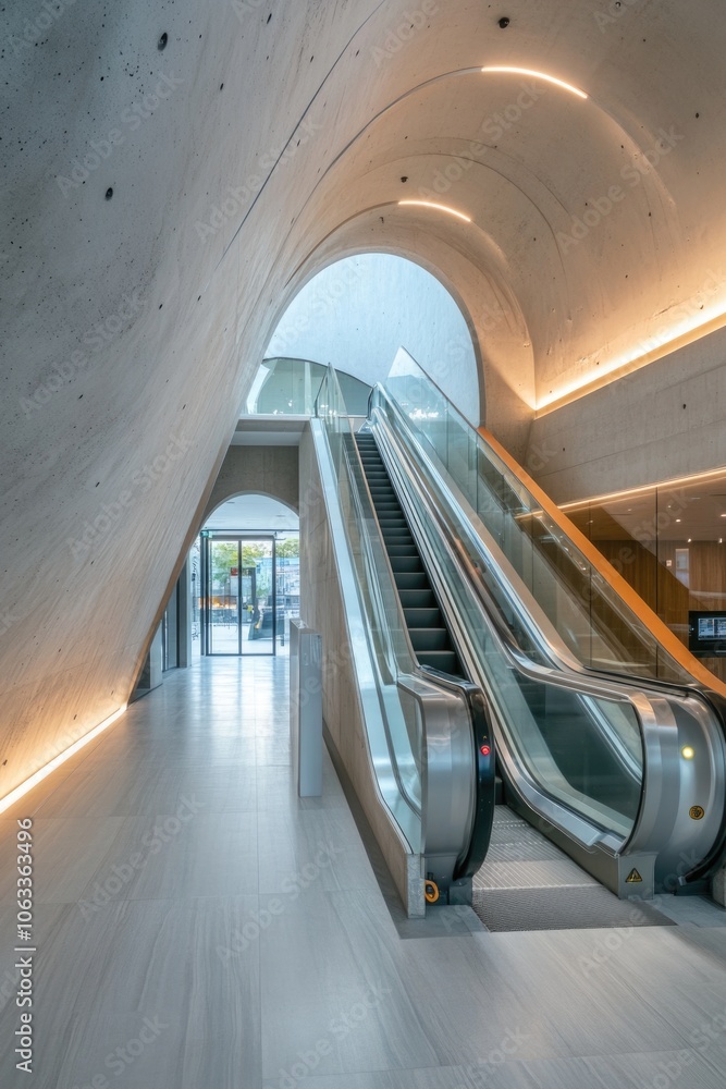 Poster a person rides an escalator in a modern building with a unique curved ceiling