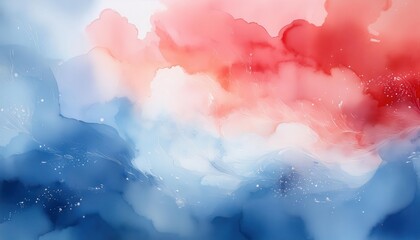 Fototapeta premium Abstract Fluid Ink Art in Red, White, and Blue Hues. Symbolic American Flag Colors Representing Freedom, Unity, and Patriotism in Flowing Watercolor Texture for Background Use