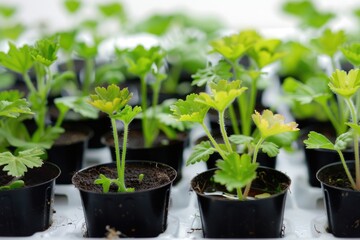 A group of small black pots filled with green plants, suitable for use in still life photography or as a decorative element