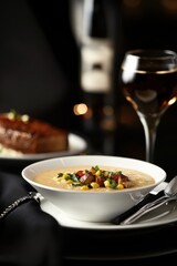 Gourmet dining experience with creamy corn soup and wine pairing
