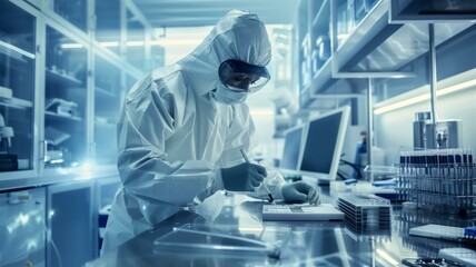 Focused scientist in protective suit analyzing data in a high-tech laboratory