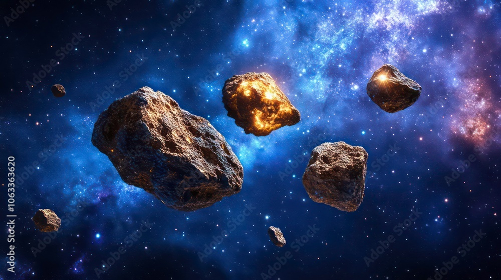 Poster a cosmic scene featuring floating asteroids in a vibrant galaxy backdrop.