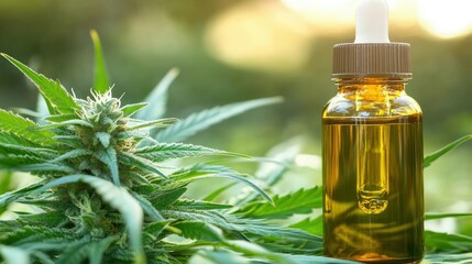 Fototapeta premium Natural Oil Bottle with Cannabis Plant Background
