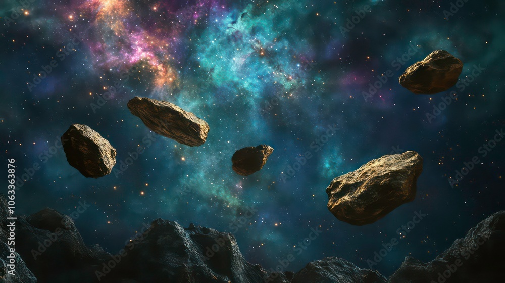 Poster A cosmic scene with asteroids floating in a colorful galaxy backdrop.