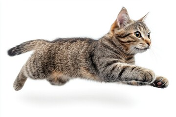 Cat jumps gracefully on isolated background