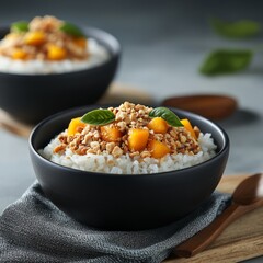 A bowl of rice topped with mango, nuts, and herbs for a delicious meal.