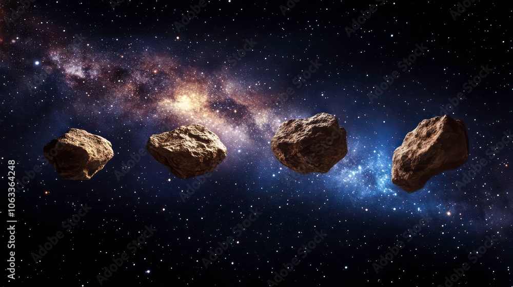 Poster A depiction of asteroids floating in a starry galaxy, highlighting celestial bodies in space.