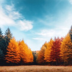 Fototapeta premium A serene autumn landscape featuring vibrant golden and red trees under a clear blue sky, perfect for nature lovers and outdoor enthusiasts.