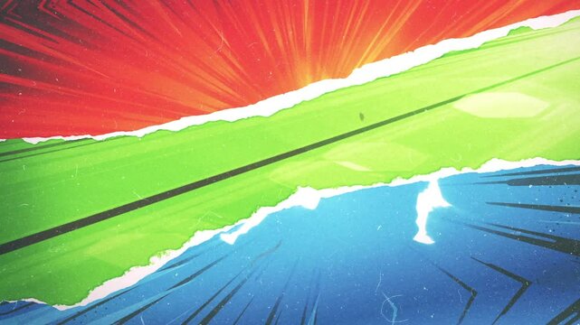 Vintage Comic Book Action Background/ Animation of a powerful vintage and grunge textured comics page background with halftone dots and explosive sunbeams effects