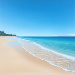 Fototapeta premium A serene beach scene with soft sand, clear water, and a blue sky, perfect for evoking tranquility and relaxation.