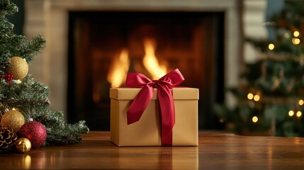Cozy christmas gift box by the fireplace for holiday celebrations and festive decorations