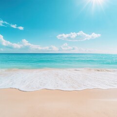 Fototapeta premium A serene beach scene with soft waves, golden sand, and a vibrant blue sky, perfect for relaxation and vacation themes.