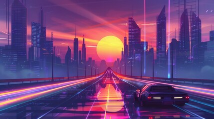 Neon Cityscape at Sunset with a Car