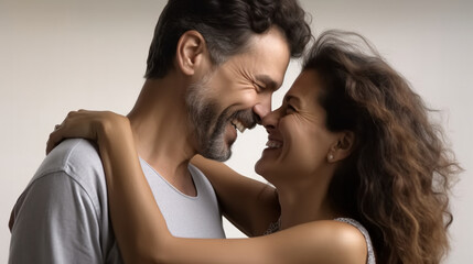 A happy young couple is embracing each other and laughing together.