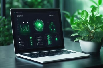 A sleek laptop displays green data analytics on a wooden desk with a vibrant plant, blending technology and nature in harmony.